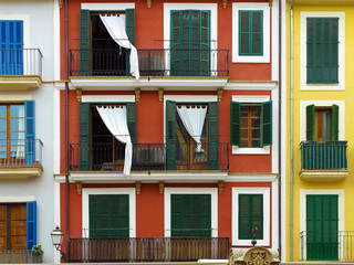 colorful vintage mediterranean urban house fronts in Palma, Majorca, Balearic Islands, Spain