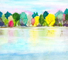 Hand Painted Watercolor Background With Lake, Autumn Forest Tree