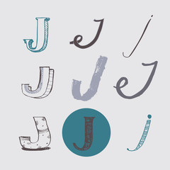 Wall Mural - Original letters J set, isolated on light gray background. Alphabet symbols, editable, hand drawn, creative, in different variations, Italic, 3d, freehand, drawn with brush and nib vector Illustration