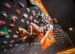 © anatoliy_gleb - Athletic young climber is climbing artificial boulder in gym, holding with one hand, without special equipment