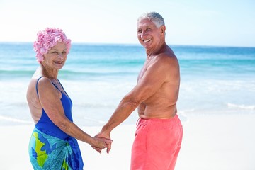 Wall Mural - Cute mature couple holding hands on the beach