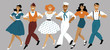 A chorus line of male and female performers dressed in vintage fashion dancing a routine in a classic musical theater, EPS 8 vector illustration