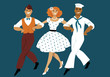 Three young people dressed in 1940s fashion marching arm in arm in the style of classic musical films, EPS 8 vector illustration, no transparencies