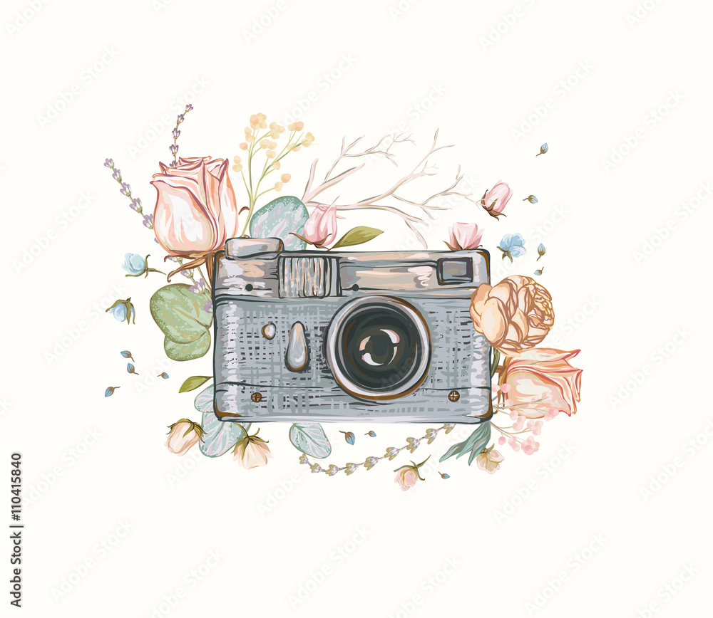 Vintage retro photo camera in flowers, leaves, branches on white  background. Watercolor design, Flat style. Hand drawn Vector illustration,  separated elements in collage. Stock Vector | Adobe Stock, image size:1000x868