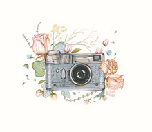 Vintage Retro Photo Camera In Flowers, Leaves, Branches On White Background. Watercolor Design, Flat Style. Hand Drawn Vector Illustration, Separated Elements In Collage.