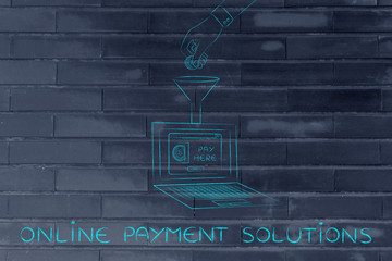 Wall Mural - hand dropping coin into laptop through a funnel, payment solutio