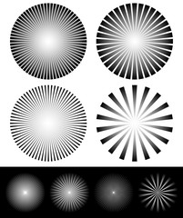 Poster - Set of starburst, sunburst shapes. Radiating, converging lines.