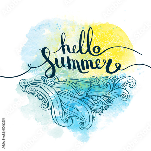 Illustration Hello Summer With Lettering Waves On Blue Yellow