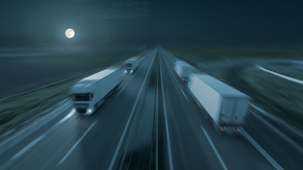 Poster - Motion image of modern delivery trucks on the highway at night