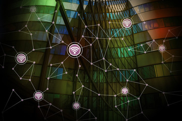Poster - modern architecture exterior and wireless communication network, abstract image visual