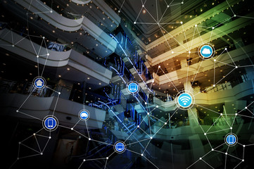 Poster - modern architecture interior and wireless communication network, abstract image visual