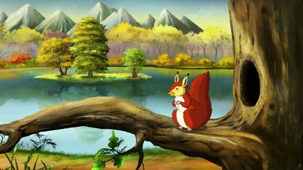 Wall Mural - Cute Eurasian Red Squirrel Sitting on Branch in Forest and Eating Nuts. Handmade Animation in UHD.