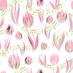 Wall Mural - Bright seamless pattern with oil painted delicate pink tulip flowers end note