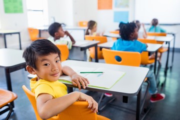  pupil sitting at his desk looking at camera in classroom