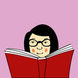 Young woman or girl with freckles and glasses being a bookworm and reading a big red book. Copy space provided.