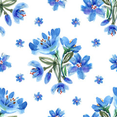 Wall Mural - Watercolor Blue Flowers Seamless Pattern