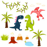 Fototapeta Dinusie - Dinosaur and jungle tree clipart set. Pterodactyl, t-rex, brontosaurus, palm, lake, liana and volcano. Dino clip-art for kids.