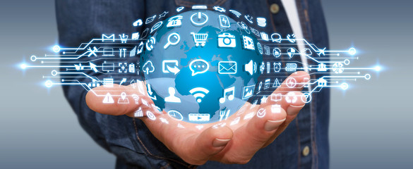 Businessman using digital world with web icons