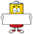 Smiling Battery Cartoon Mascot Character Holding A Blank Sign