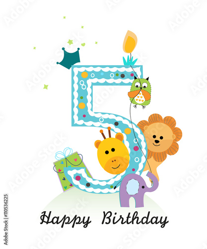 Happy Fifth Birthday With Animals Baby Girl Greeting Card Vector