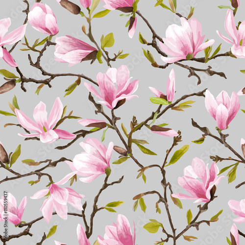 rozowe-kwiaty-magnolii-i-zielone-listki-na-drobnych-galazkach-powielony-wzor