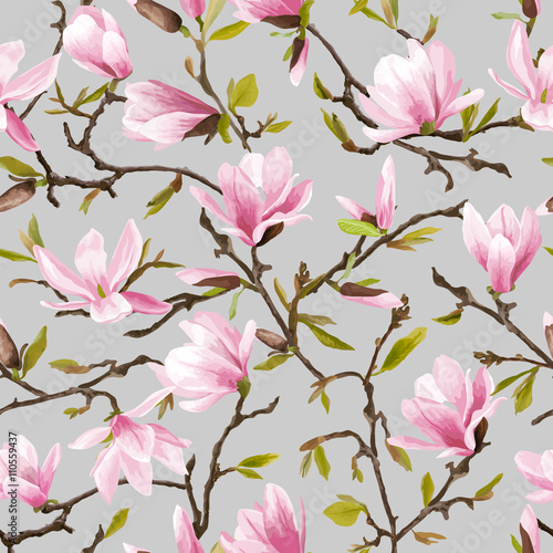 Obraz w ramie Seamless Floral Pattern. Magnolia Flowers and Leaves Background.