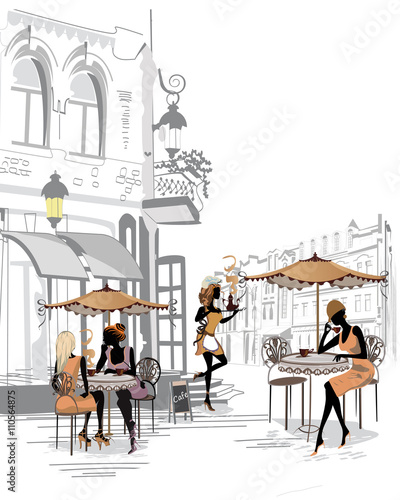 Naklejka na drzwi Fashion people in the street cafe.