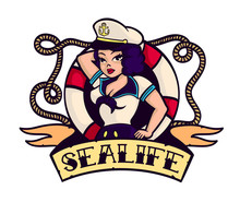 Sea Life Sexy Pinup Sailor Girl With Lifebuoy Cartoon Vector Illustration