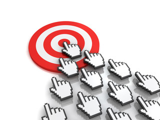 Aufkleber - Goal target concept many hand cursors mouse clicking in the center of the red dart board or target on white background with reflection. 3D rendering.