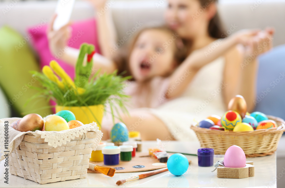 Mother and daughter making selfie  indoors