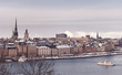 Vintage tinted snapshoot Winter view over strait of Stockholm downtown. Boat onth water. Sweden
