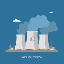 Nuclear Power Plant And Factory. Energy Industrial Concept. Vector Illustration In Flat Style. Electricity Station Background
