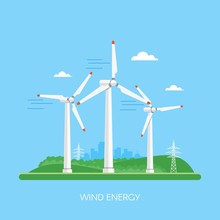 Wind Power Plant And Factory. Turbines. Green Energy Industrial Concept. Vector Illustration In Flat Style. Electricity Station Background.