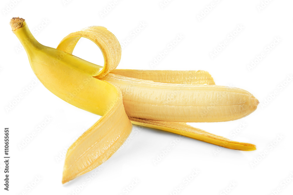 Half peeled banana, isolated on white
