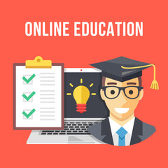 Wall Mural - online education. student, laptop and lightbulb icon, clipboard with checklist and checkmarks. creat