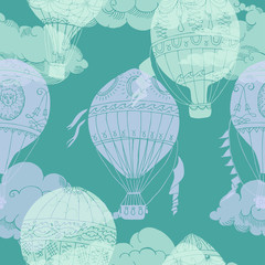  Seamless pattern with clouds and hot air ballons