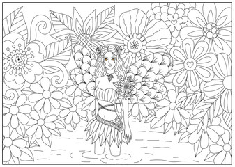 Wall Mural - Fairy in pond line art design for coloring book for adult.