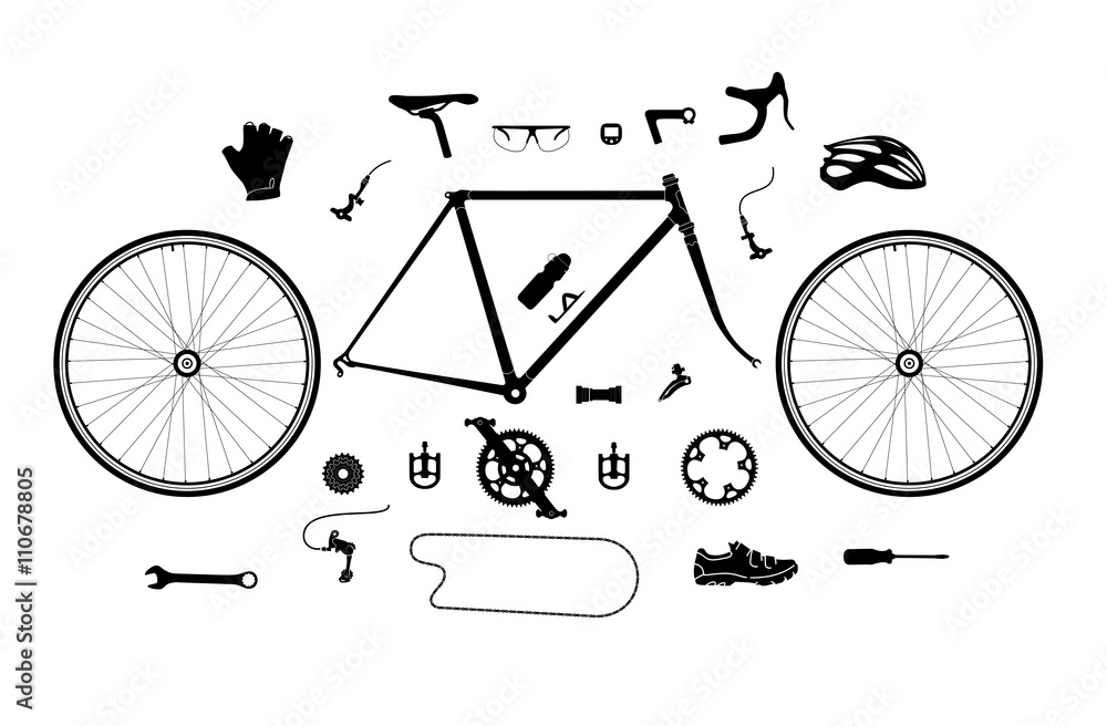 Road bicycle parts and accessories silhouette set, elements for infographic, etc