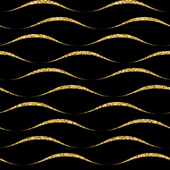 Sticker - Gold wave seamless pattern. Golden glitter on black background. Abstract geometric wavy texture. Retro Vintage decoration. Design template graphic wallpaper, wrapping, fabric, etc. Vector Illustration