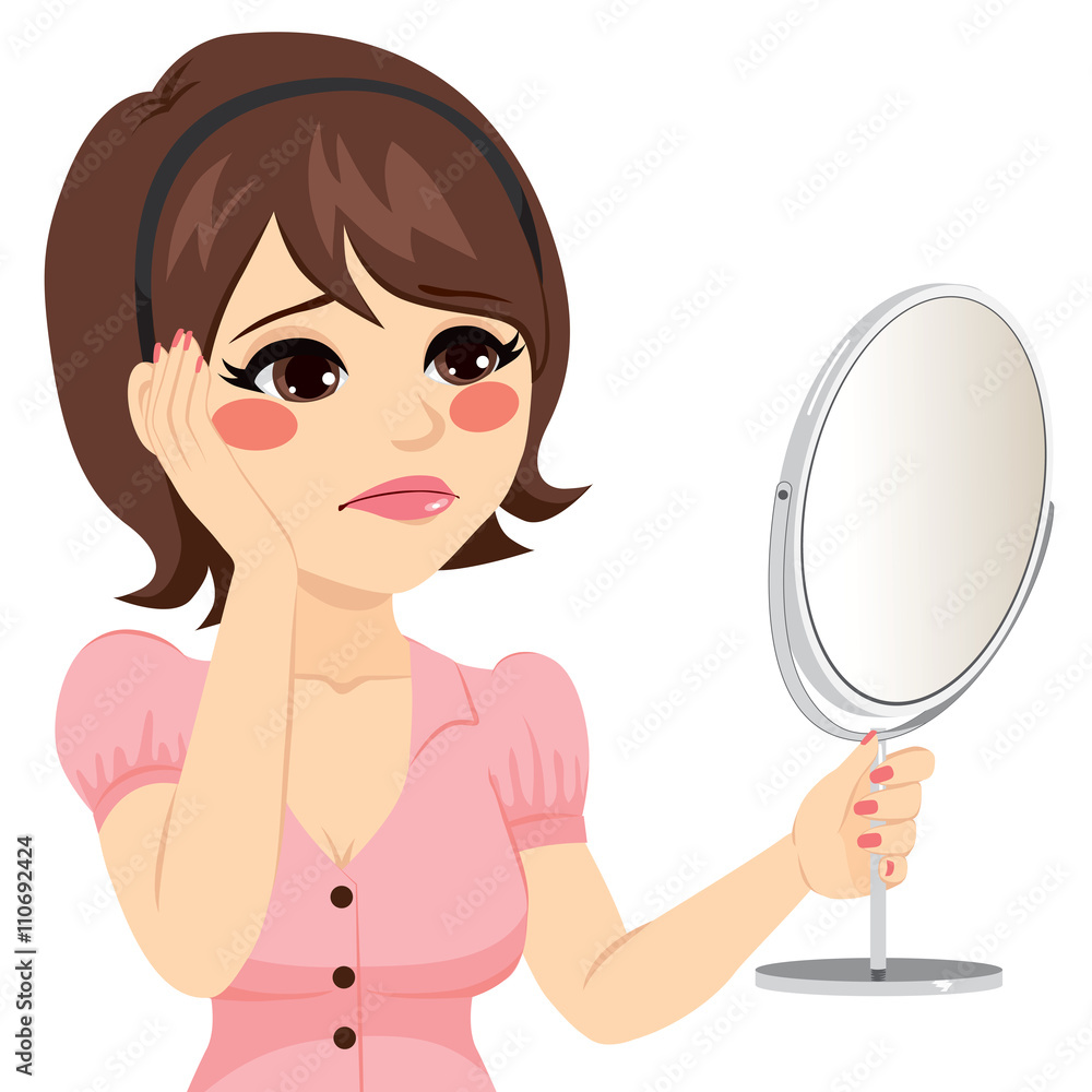 Young woman with sad expression looking herself in a mirror unhappy Stock  Vector | Adobe Stock, image size:1000x1000