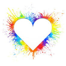 Heart Shaped White Cutout For Text In Rainbow Paint Splashes Background.  Vector Illustration.