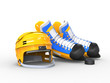 Yellow hockey helmet, blue and yellow blue hockey skates - isolated on white background
