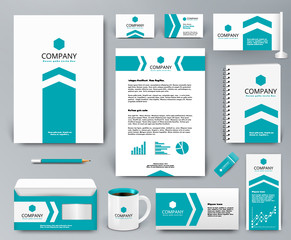 Professional universal branding design kit with blue arrow on white for real estate/investment. Corporate identity template. Business stationery mockup. Editable vector illustration: folder, mug, etc.