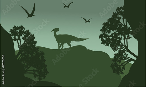 Fotomural Silhouatte of parasaurolophus and pterodactyl