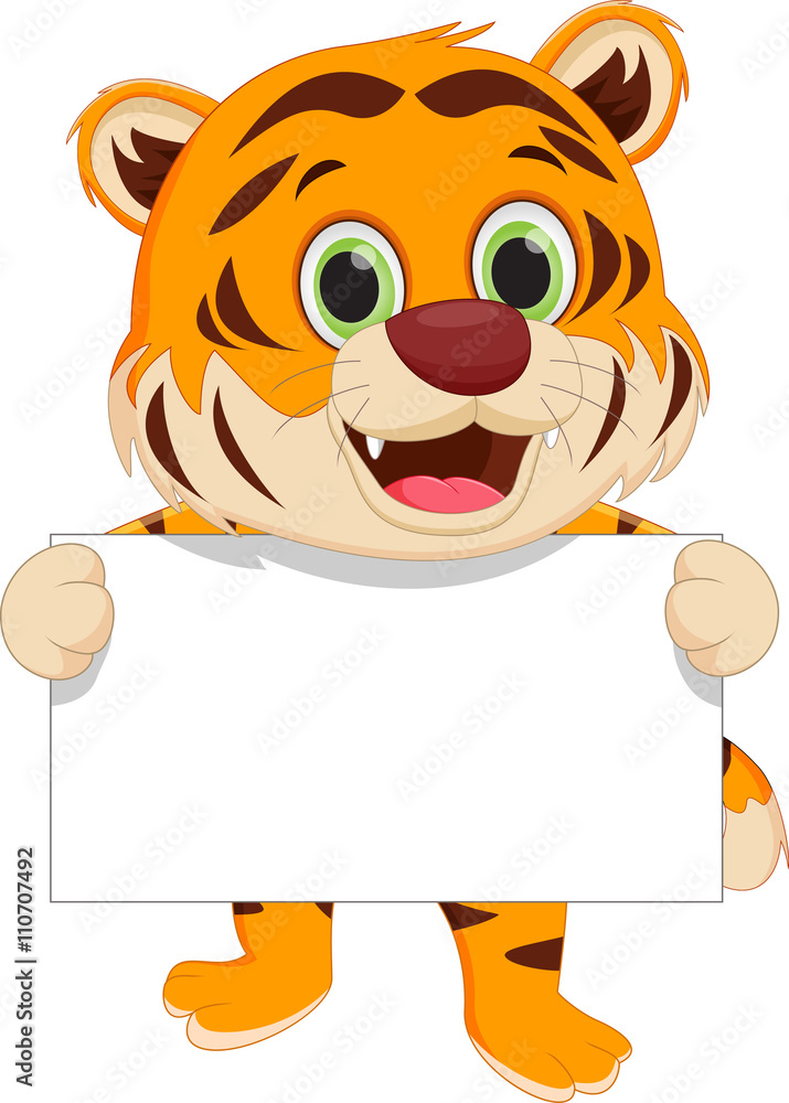 Cute tiger cartoon holding blank sign Stock Vector | Adobe Stock