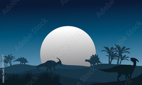 Cuadros en Lienzo Silhouette of stegosaurus and parasaurolophus