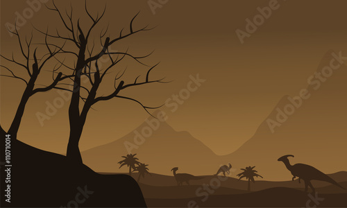 Fotografía Silhouette of many dinosaur in fields