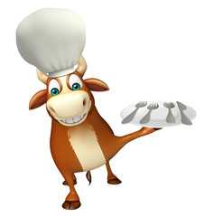 Poster - Bull cartoon character with chef hat and dinner plate