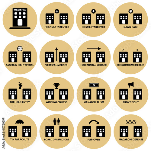 Fotografie, Obraz Acquisition, merger and takeover strategy vector icon set