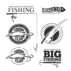 Poster - Vintage fishing vector labels, logos, emblems set. Hobby fishing logo and logotype fishing with spinning and float illustration